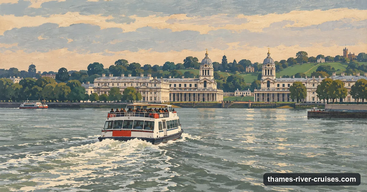 Illustration: a cruise boat on the Thames approaching the domes of the Old Royal Naval College at Greenwich