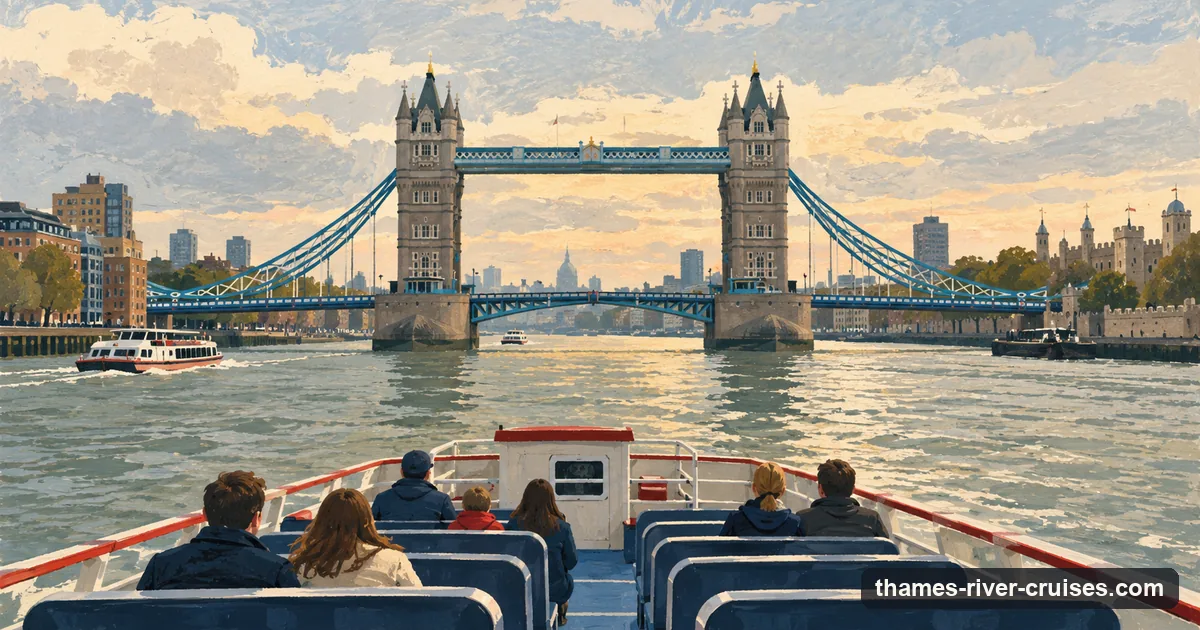 Illustration: passengers on the open deck of a Thames cruise boat approaching Tower Bridge