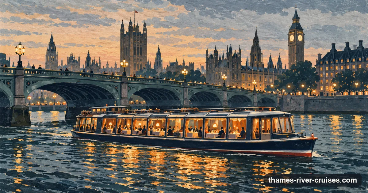 Illustration: a restaurant cruise boat with lit windows passing under a Thames bridge at dusk