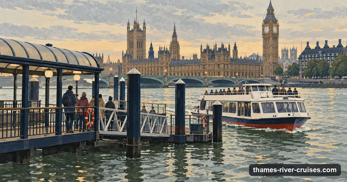 Illustration: passengers waiting on a floating pier at Westminster as a sightseeing boat arrives, Parliament behind