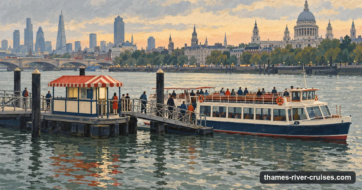 Illustration: a ticket kiosk on a floating Thames pier beside a moored sightseeing boat