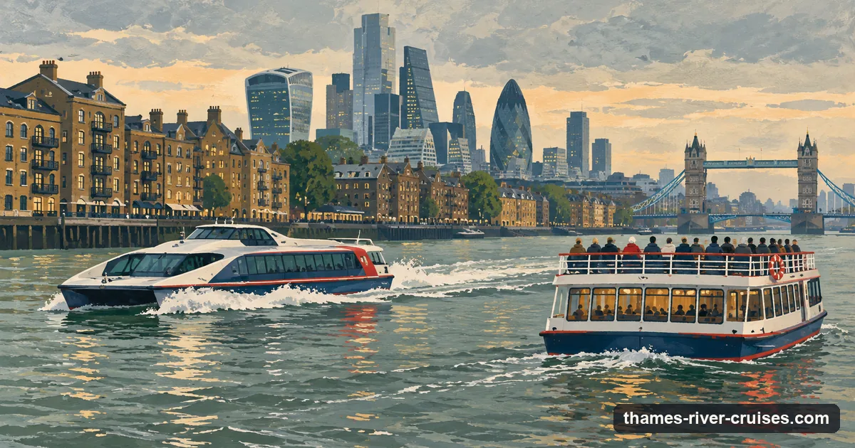 Illustration: a fast catamaran river bus overtaking a slower sightseeing boat on the Thames